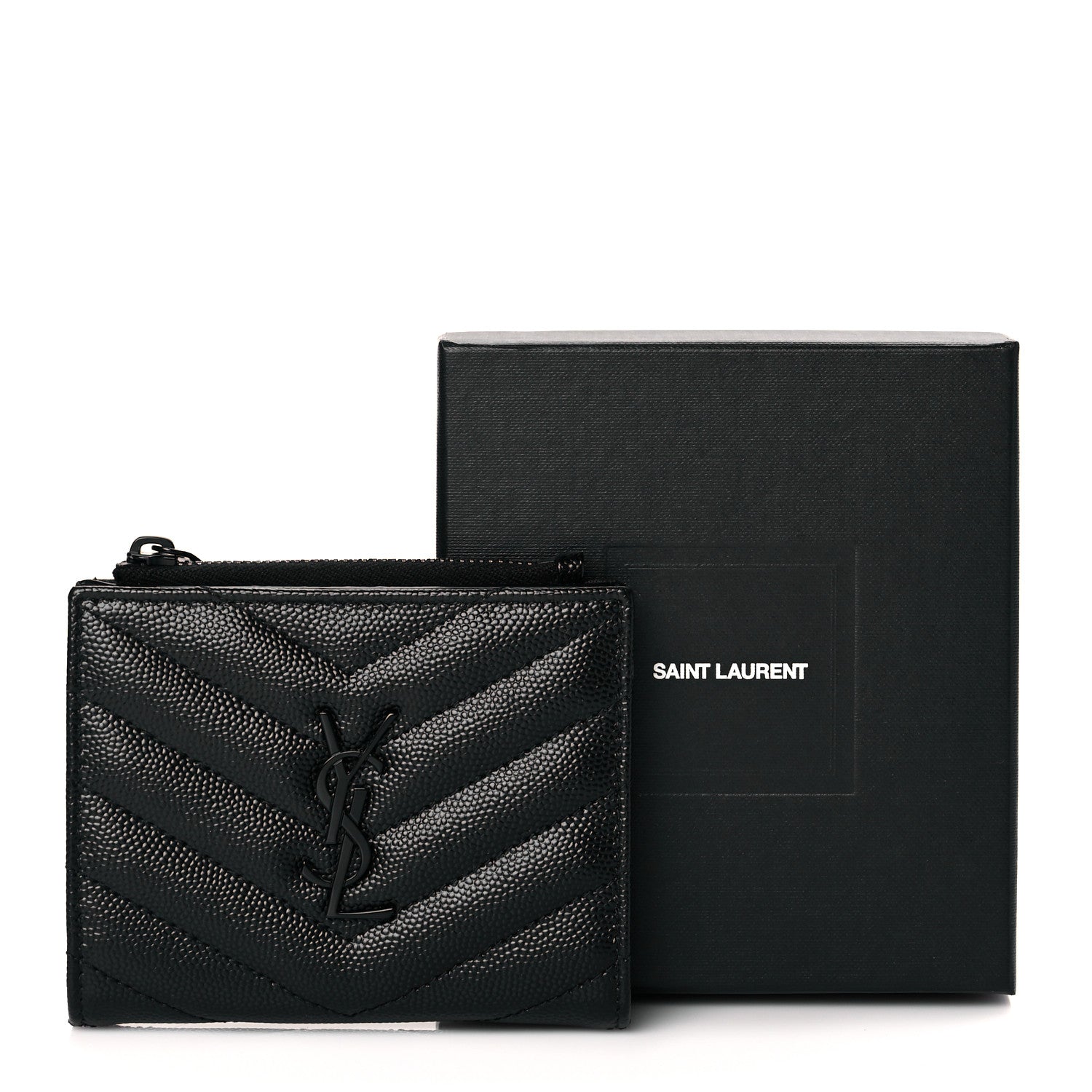 Saint Laurent Grain De Poudre Matelasse Chevron Monogram Zipped Card Case Black 10 of 10