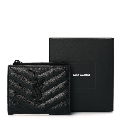Saint Laurent Grain De Poudre Matelasse Chevron Monogram Zipped Card Case Black 10 of 10