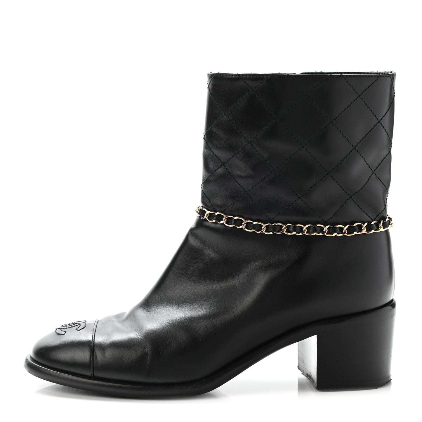 Crumpled Calfskin Chain CC Cap Toe Short Boots 38.5 Black
