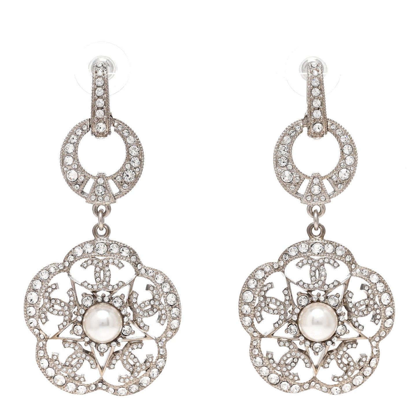 Crystal Pearl Camellia CC Drop Earrings Silver