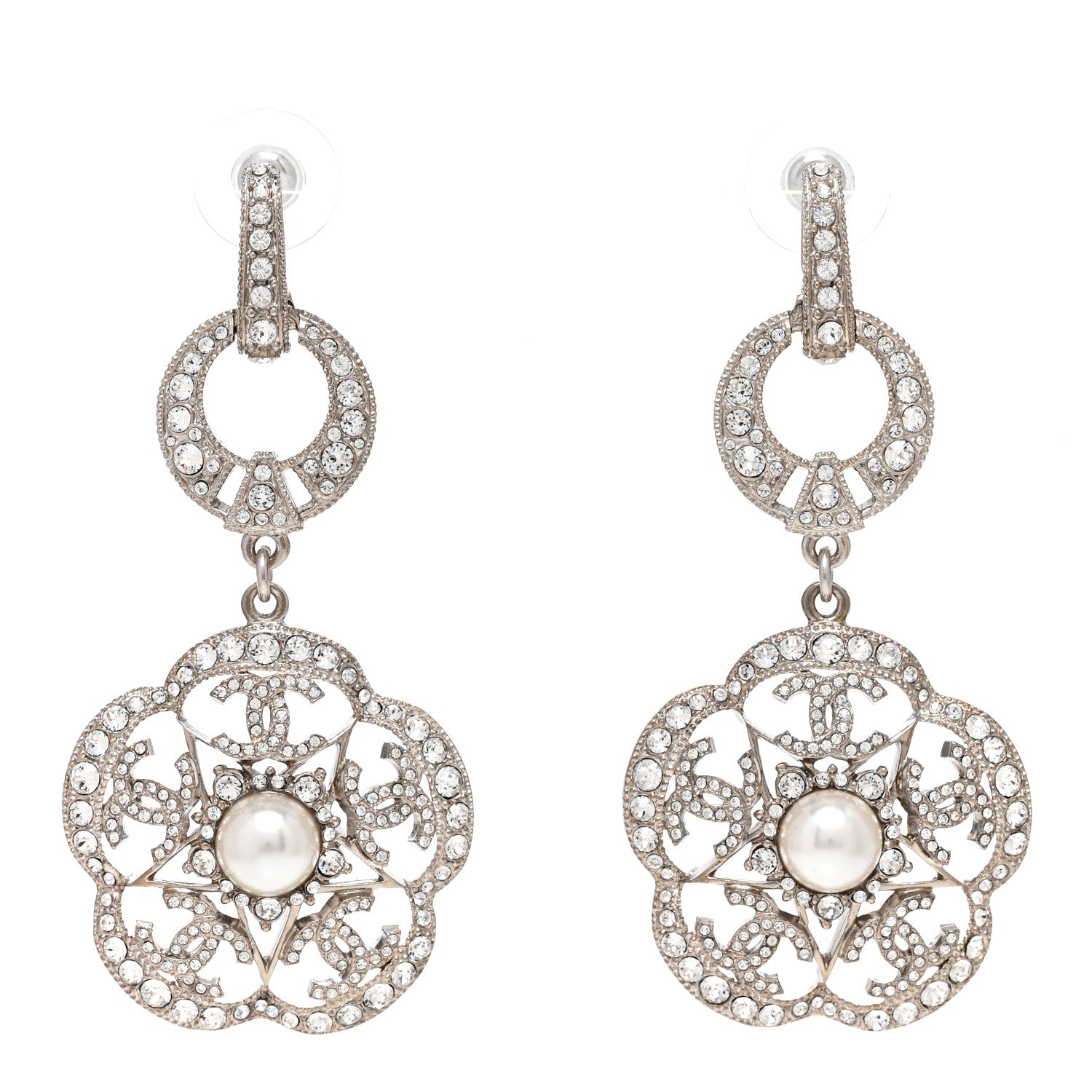 Chanel Crystal Pearl Camellia CC Drop Earrings Silver 1 of 5