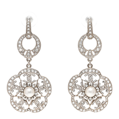Chanel Crystal Pearl Camellia CC Drop Earrings Silver 1 of 5