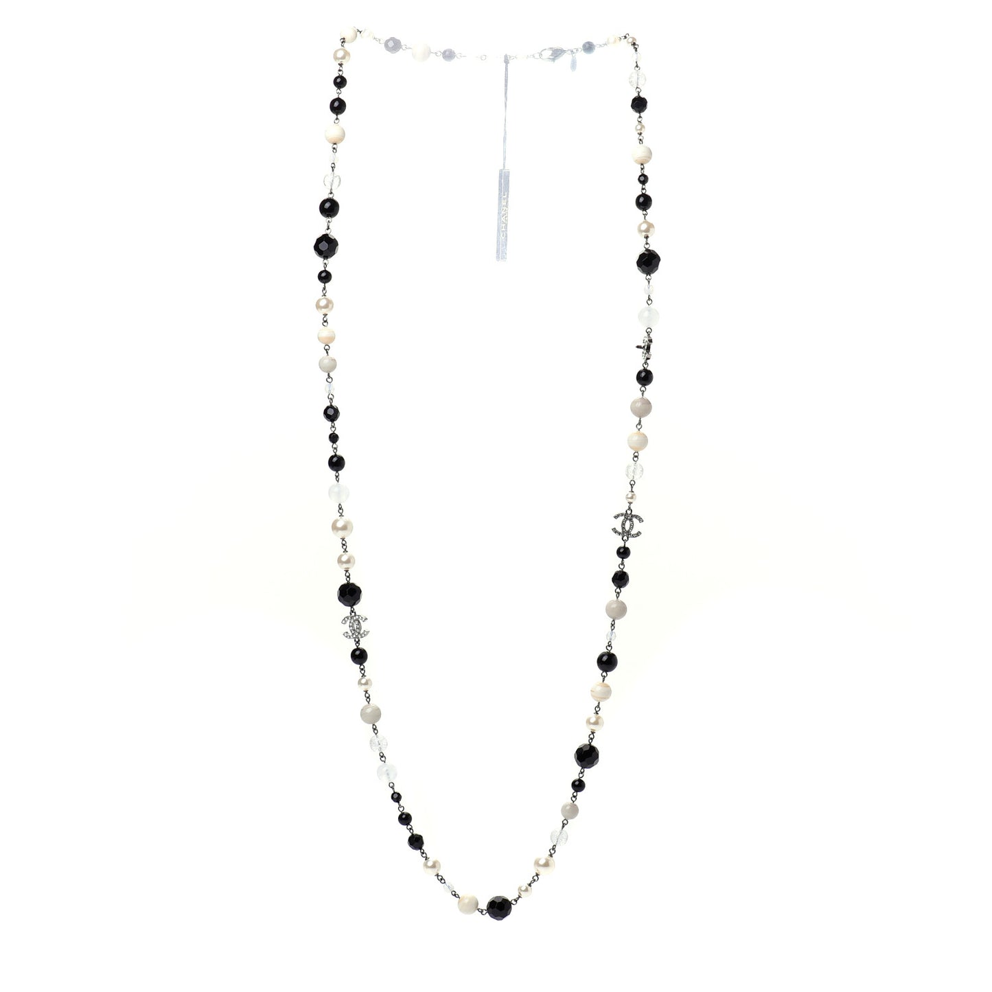 Pearl Crystal Bead CC Long Necklace Black Silver