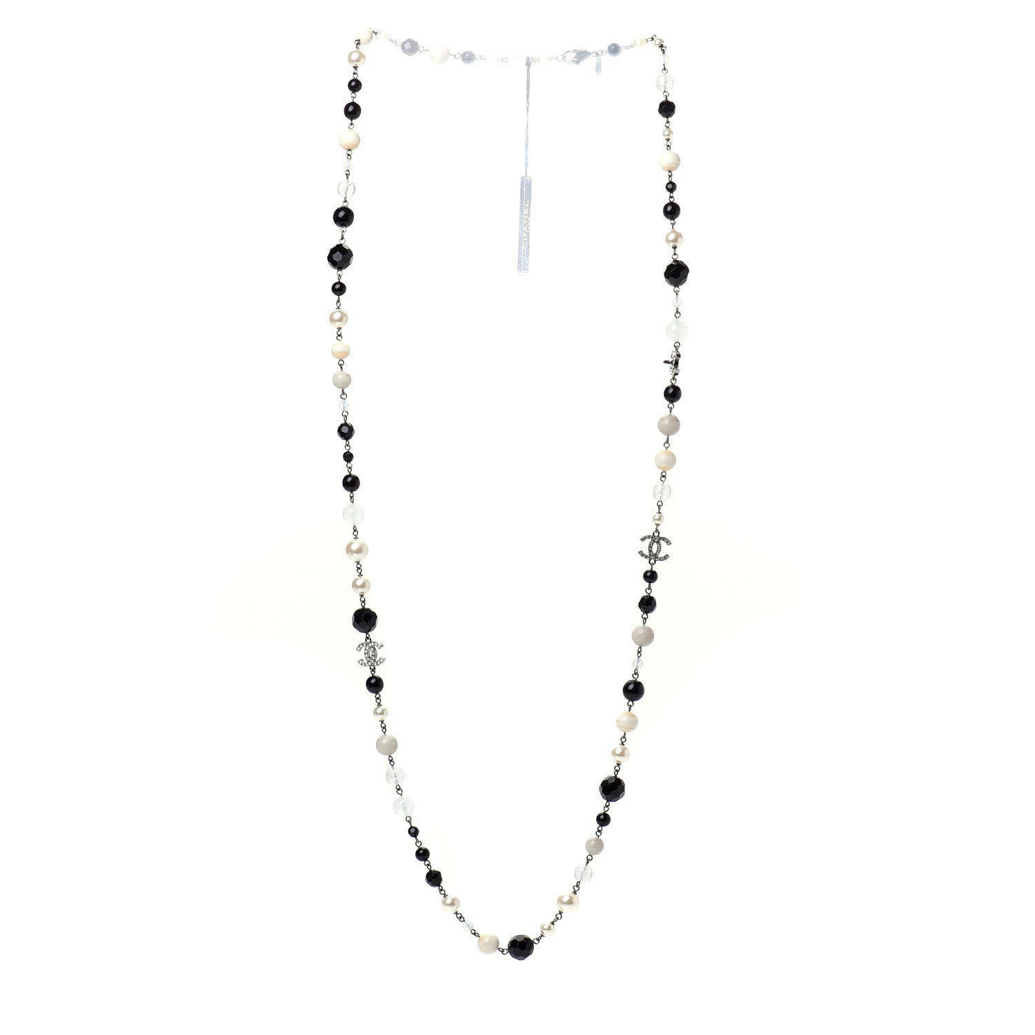 Chanel Pearl Crystal Bead CC Long Necklace Black Silver 3 of 6
