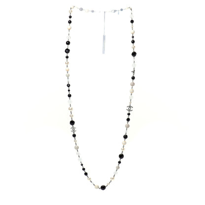 Chanel Pearl Crystal Bead CC Long Necklace Black Silver 3 of 6
