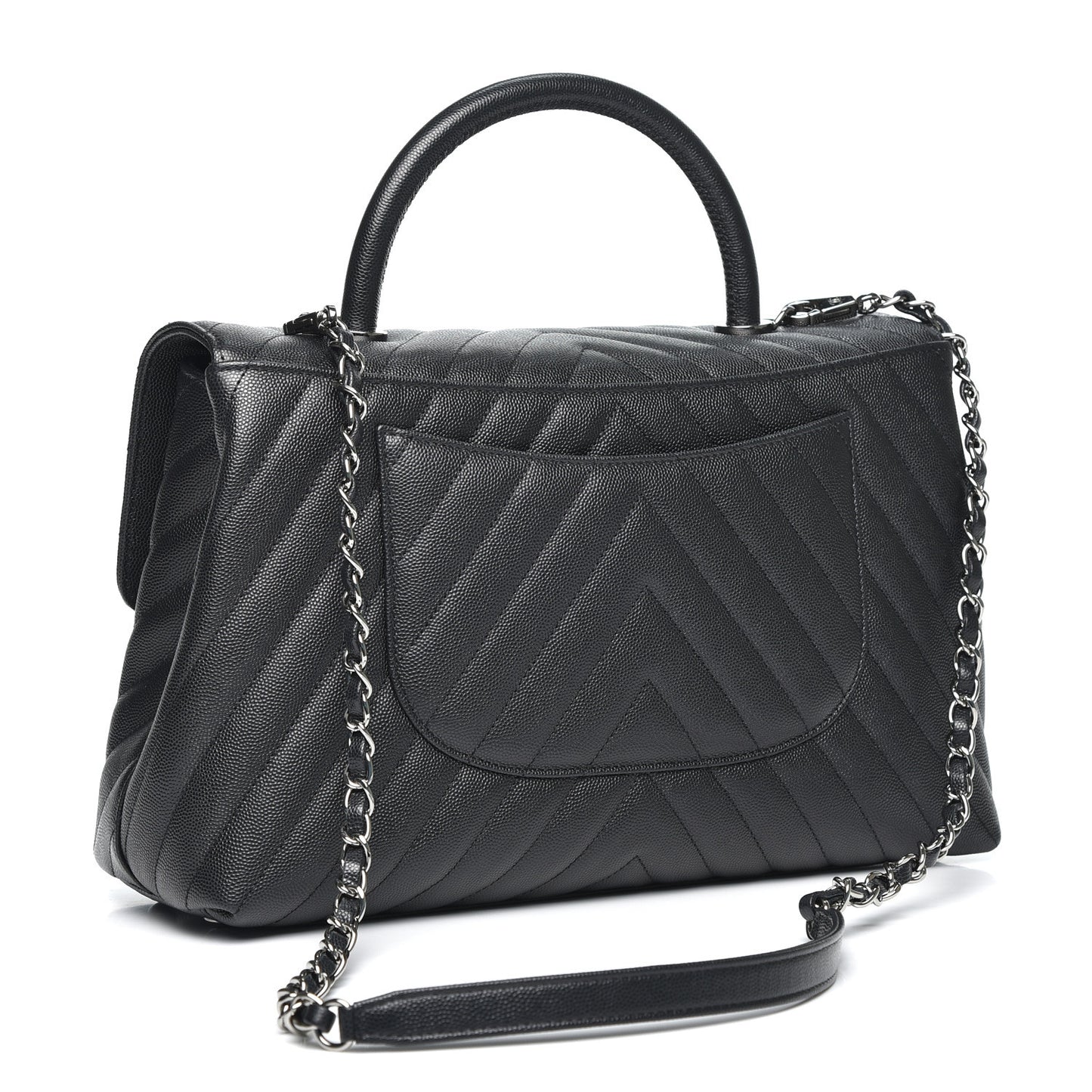 Caviar Chevron Quilted Medium Coco Handle Flap Black