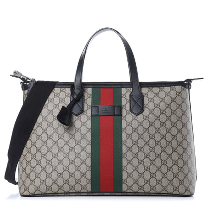 Gucci GG Supreme Monogram Web Medium Zippered Tote Beige Black 1 of 11