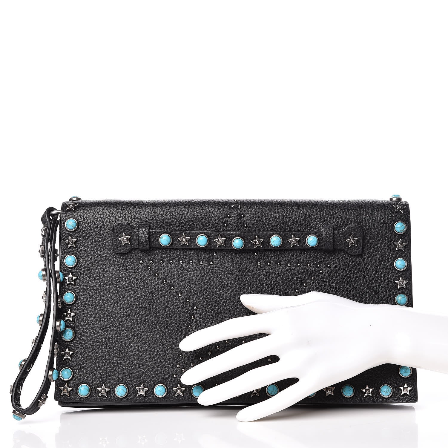 Valentino Garavani Pebbled Calfskin Star Rockstud Rolling Wristlet Clutch Black 2 of 9