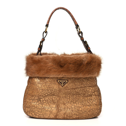 Prada Metallic Suede Mink Shearling Crocodile Embossed Tote Gold 1 of 10