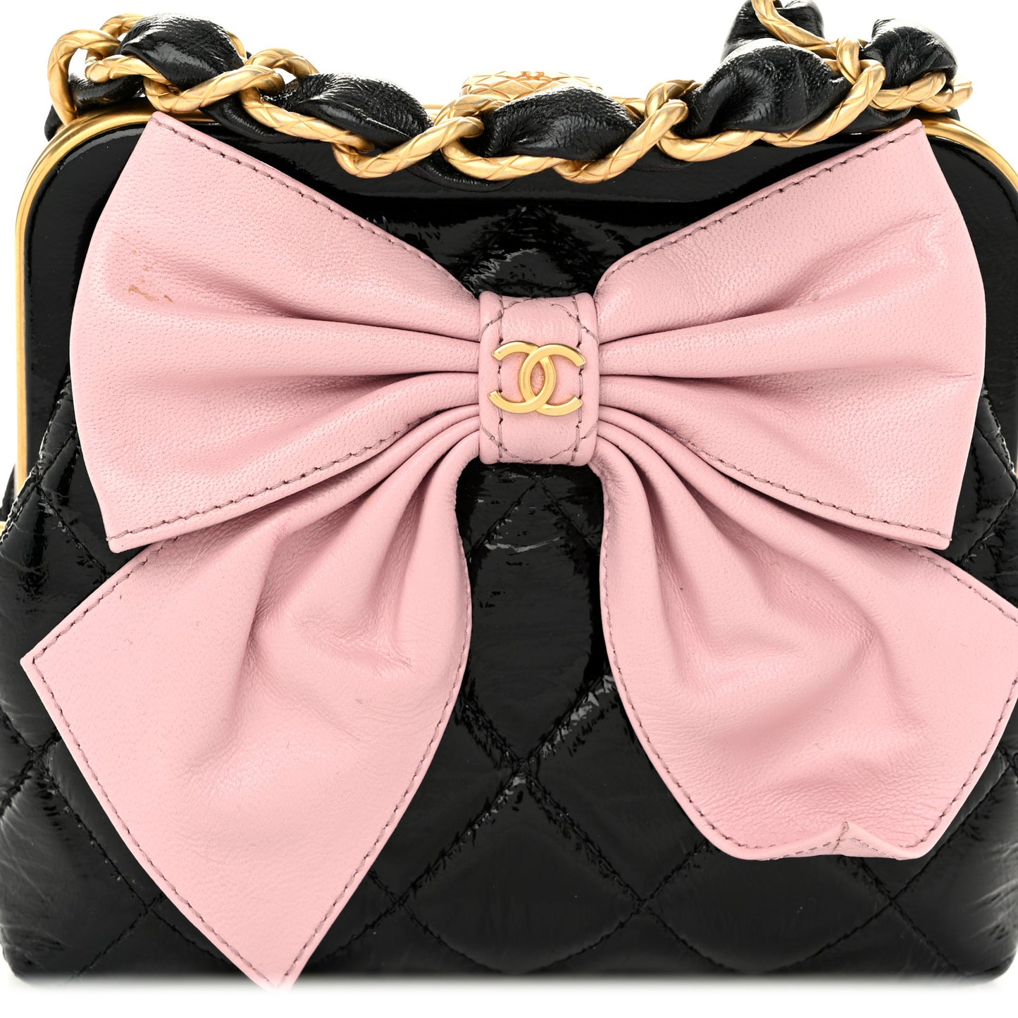 Patent Crumpled Lambskin Shiny Lambskin Quilted Maxi Bow Clutch With Chain Black Pink