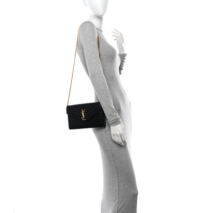 Saint Laurent Grain De Poudre Matelasse Chevron Monogram Chain Wallet Black 2 of 13