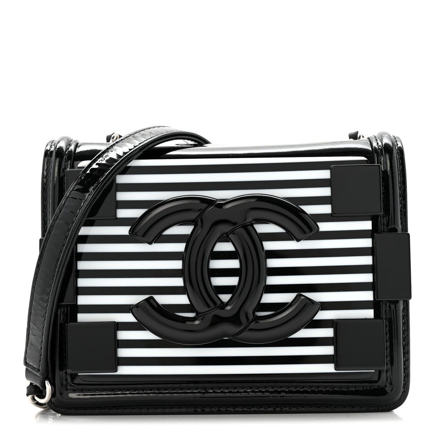 Chanel Plexiglass Patent Mini Striped Boy Brick Flap Black White 1 of 13