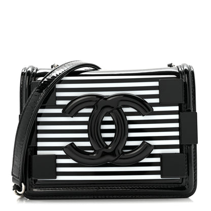 Chanel Plexiglass Patent Mini Striped Boy Brick Flap Black White 1 of 13
