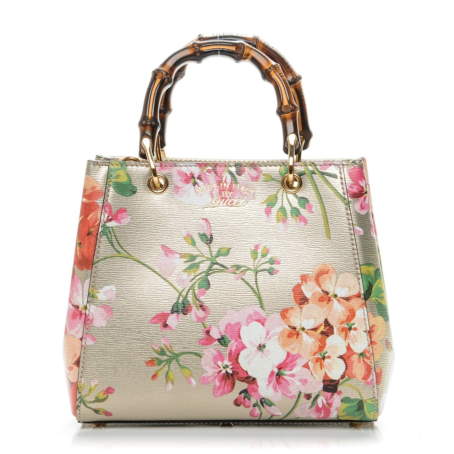 Metallic Shangai Calfskin Blooms Print Mini Bamboo Shopper Tote Gold Multicolor