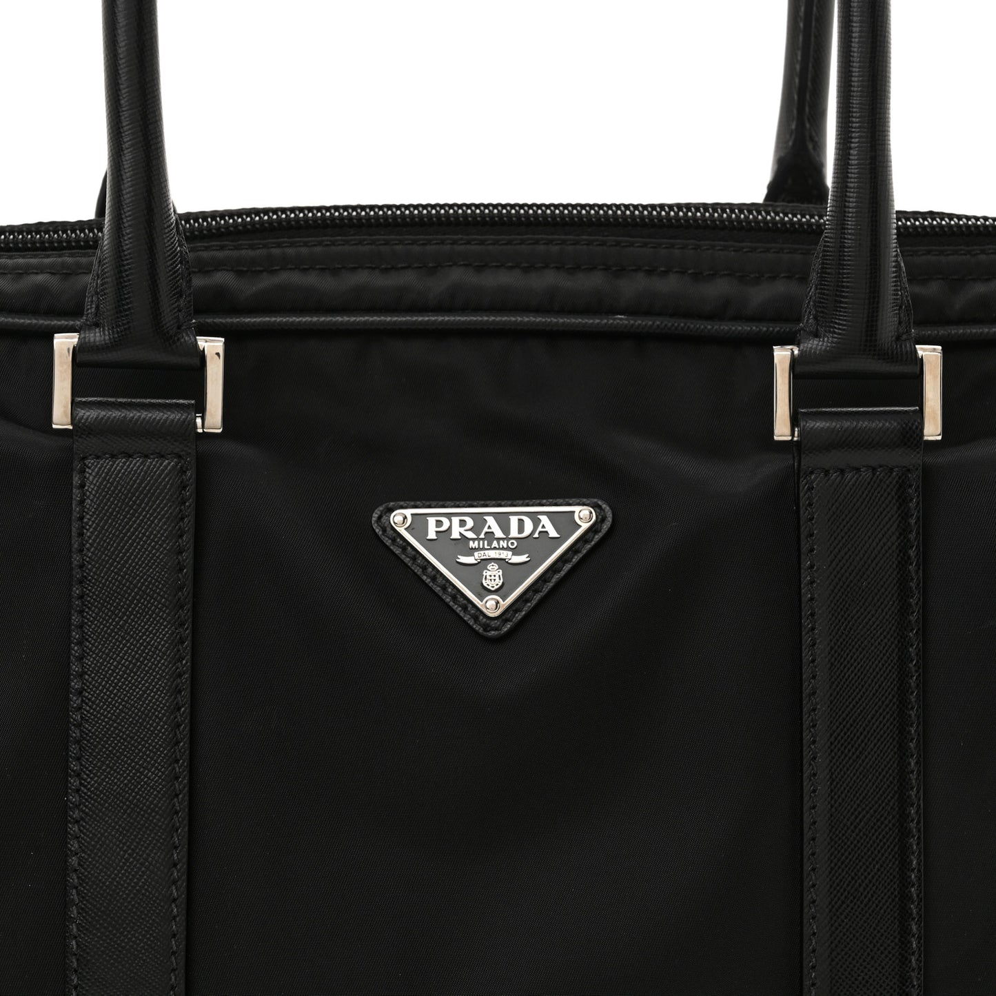 Tessuto Nylon Saffiano Metal Triangle Logo Work Bag Black