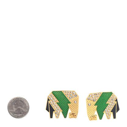Gucci Metal Crystal Elephant Motif Clip On Earrings Green Gold 2 of 4