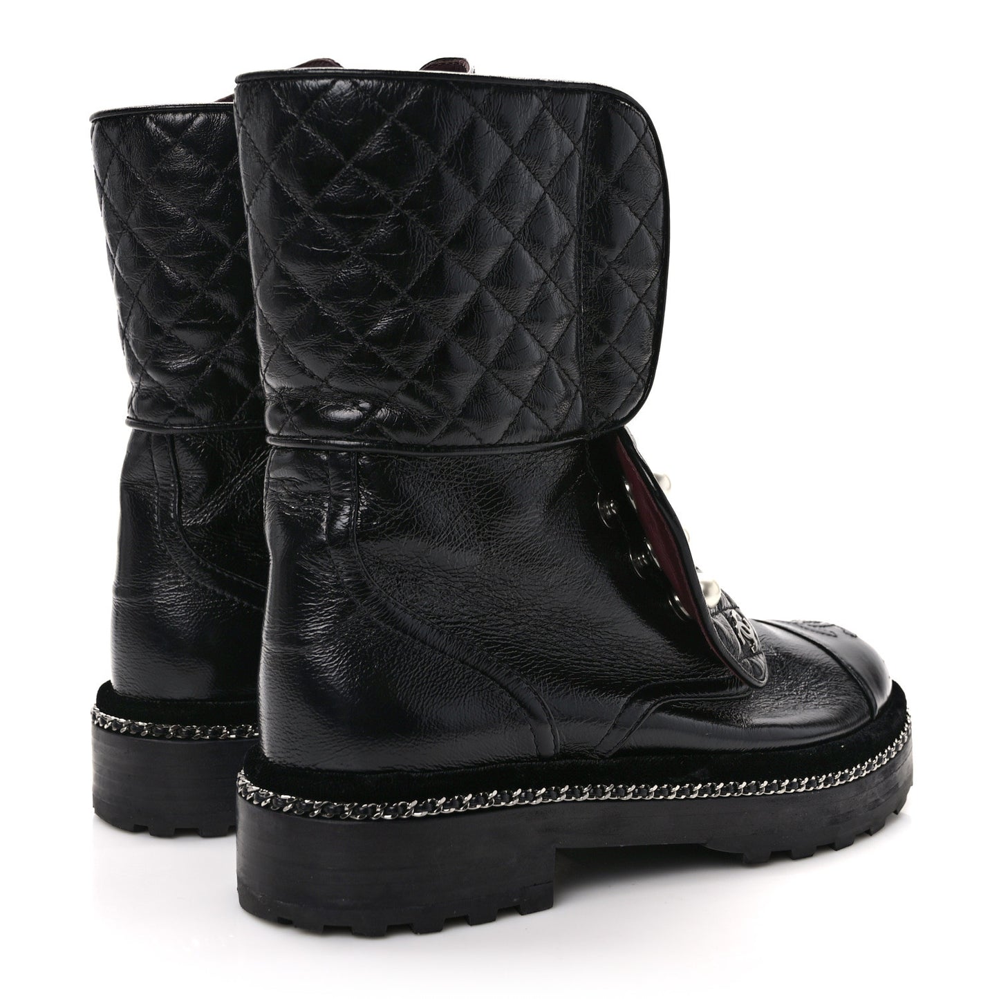 Crackled Calfskin Velvet Pearl Combat Ankle Boots 36.5 Black
