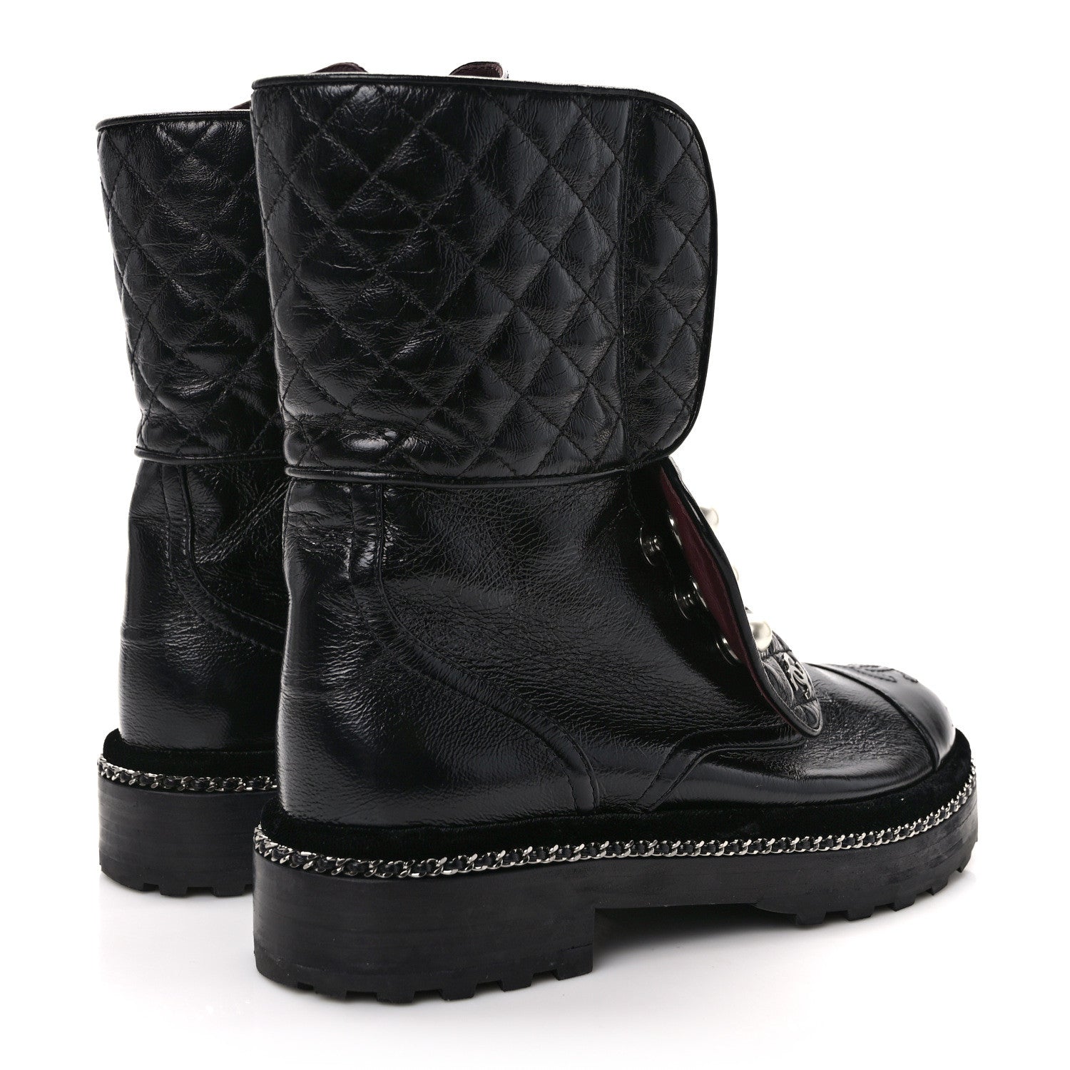 Chanel Crackled Calfskin Velvet Pearl Combat Ankle Boots 36.5 Black 4 of 8