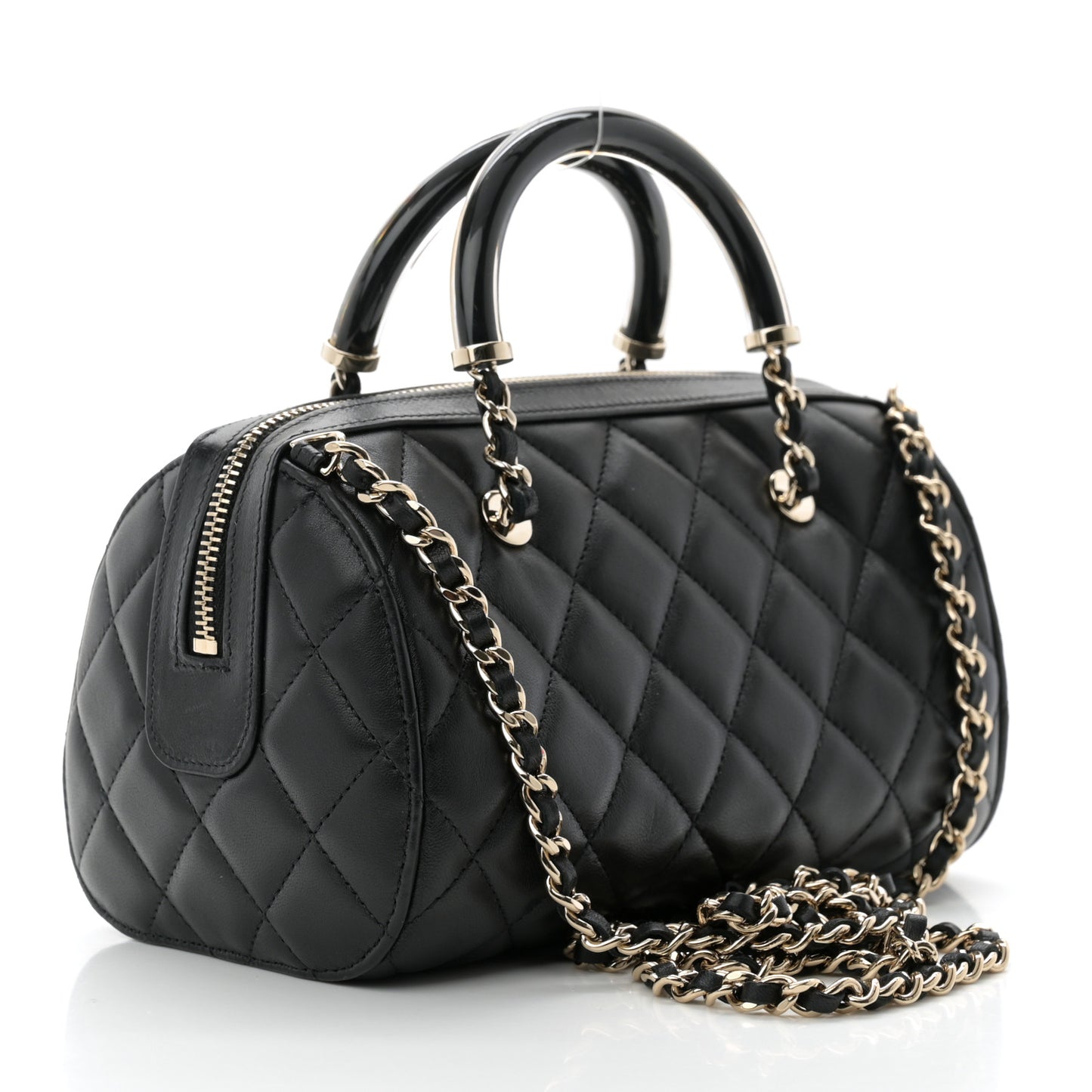 Lambskin Quilted Mini Bowling Bag Black
