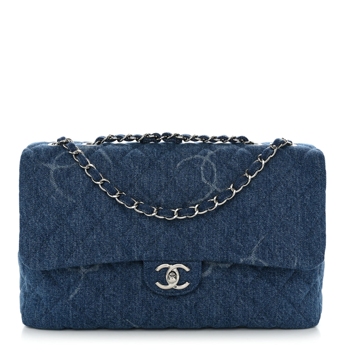Denim Quilted CC Print Jumbo Single Flap Blue