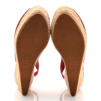 Louis Vuitton Calfskin Damier Espadrille Wedge Sandals 37.5 Red 6 of 12