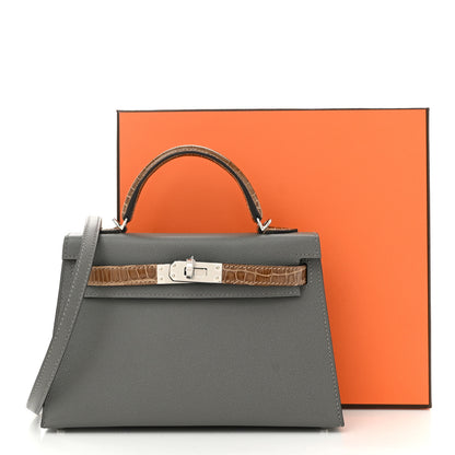 Hermes Madame Calfskin Shiny Alligator Mini Kelly Sellier Touch 20 Gris Meyer Ficelle 11 of 11
