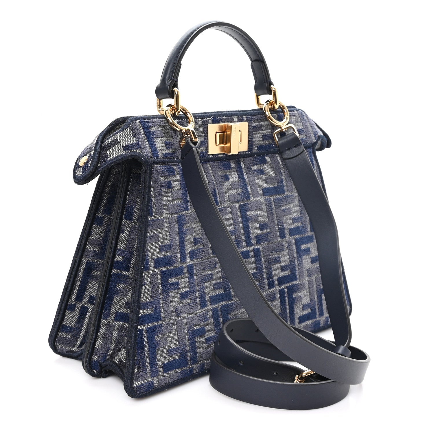 Fendi Chenille Vitello Seta FF Small Peekaboo I SEE U Satchel Grigio Blue Notte 3 of 12
