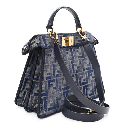 Fendi Chenille Vitello Seta FF Small Peekaboo I SEE U Satchel Grigio Blue Notte 3 of 12