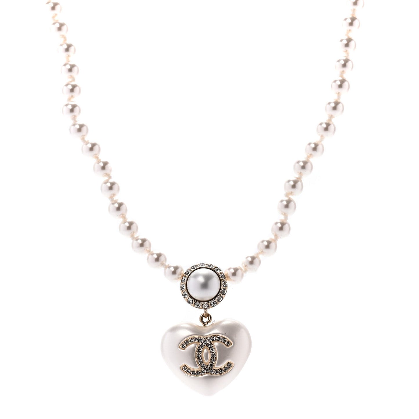 Pearl Crystal CC Heart Short Necklace Pearly White Gold