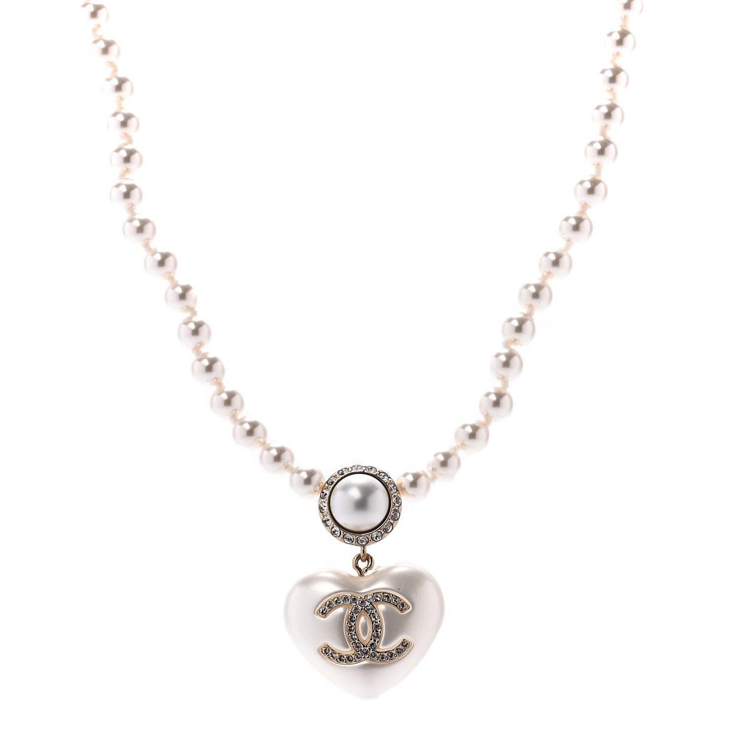 Chanel Pearl Crystal CC Heart Short Necklace Pearly White Gold 1 of 4