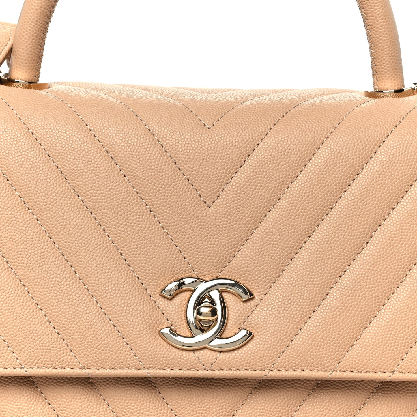 Caviar Chevron Quilted Small Coco Handle Flap Beige