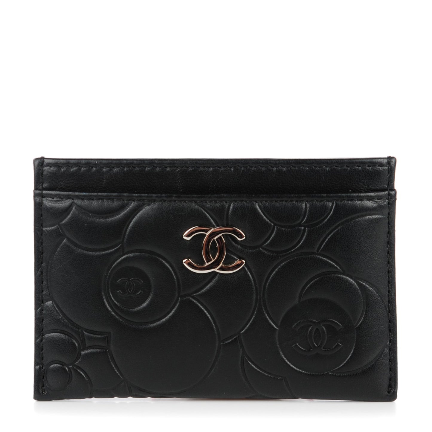 Lambskin Camellia Embossed Card Holder Black