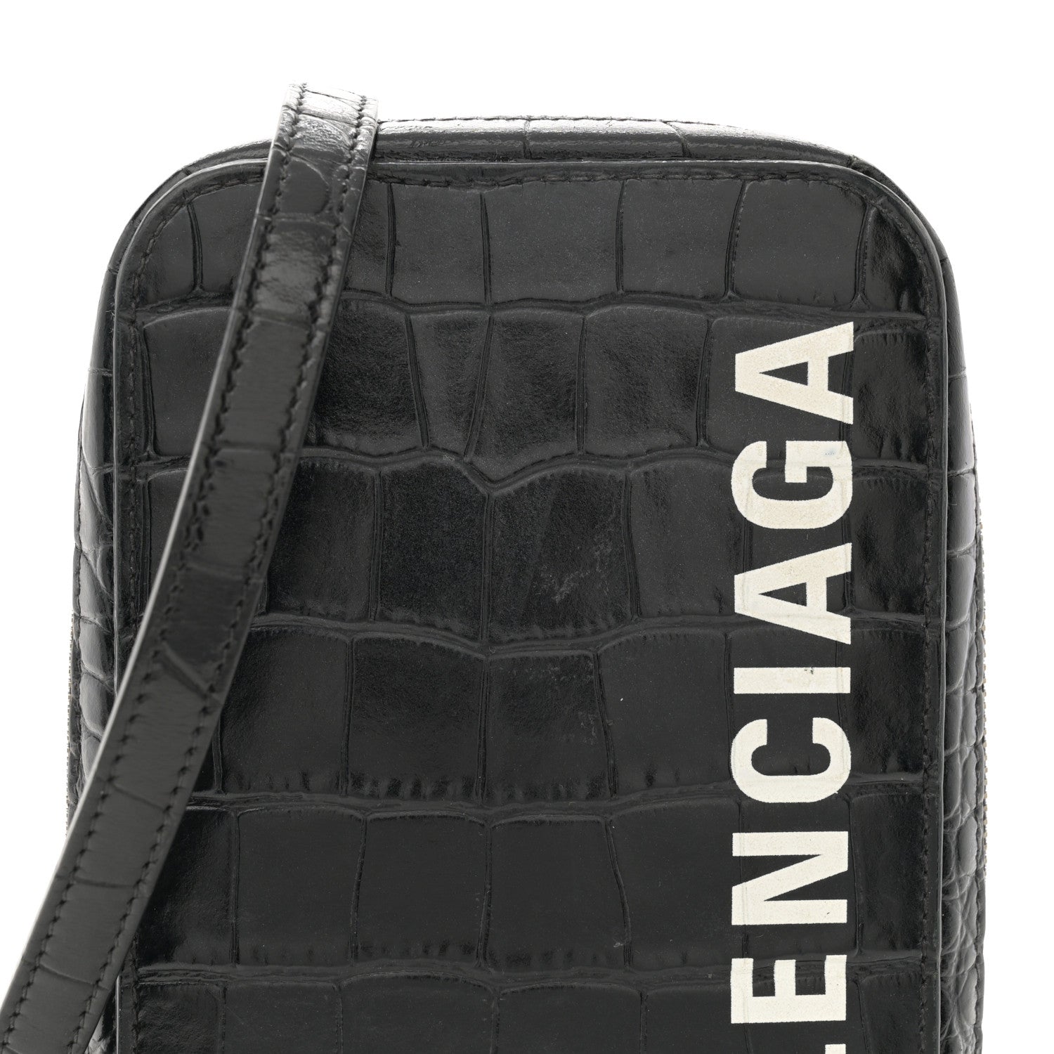 Balenciaga Shiny Calfskin Logo Crocodile Embossed Cash Phone Holder Bag Black White 7 of 14