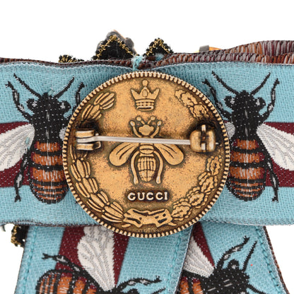 Gucci Jacquard Ribbon Metal Crystal Bee Bow Brooch Burgundy Blue 4 of 4