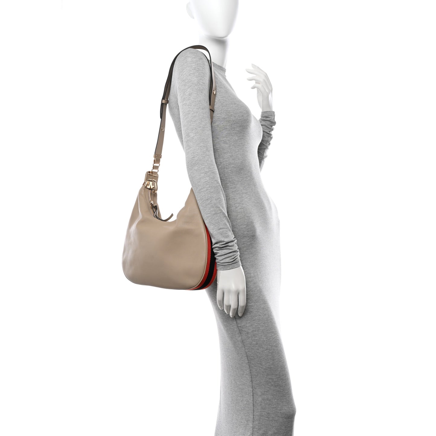 Aria Calfskin Web Large Attache Shoulder Bag Beige