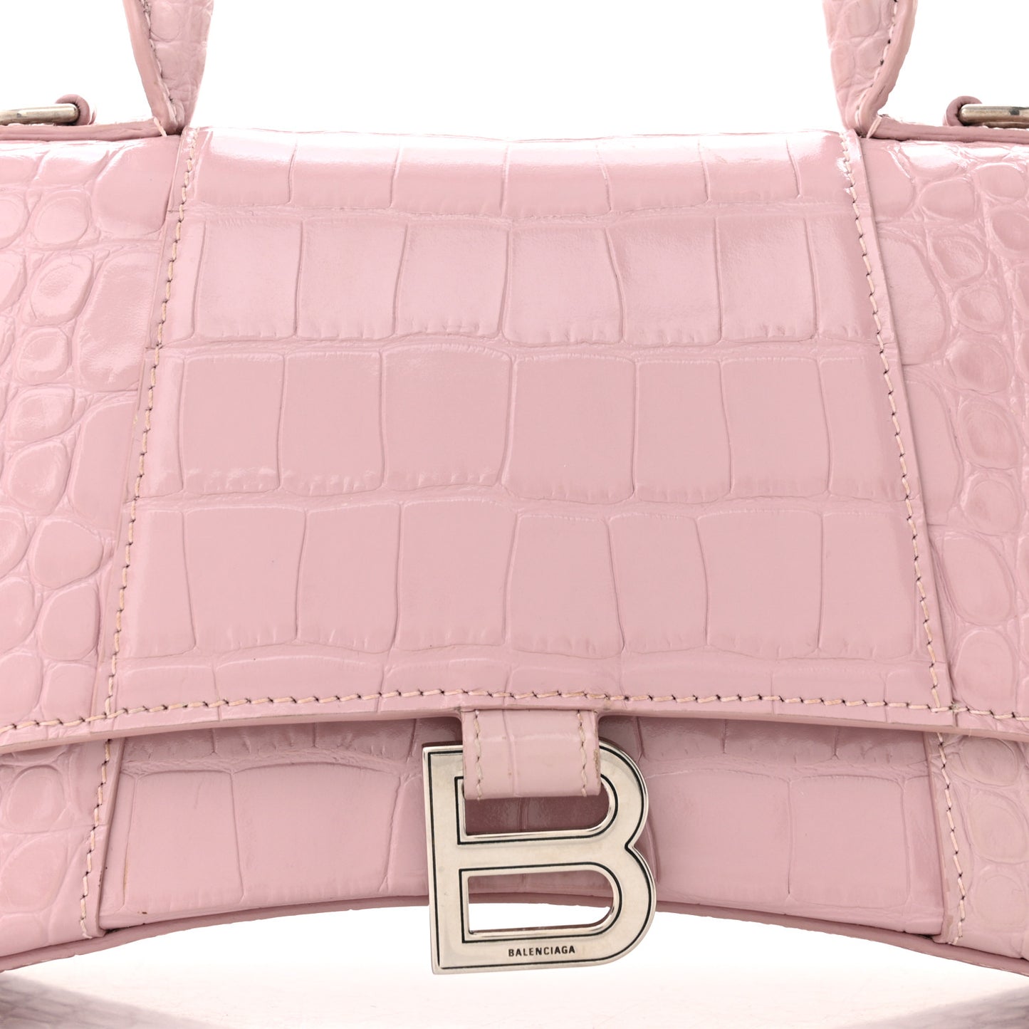 Shiny Calfskin Crocodile Embossed Small Hourglass Top Handle Bag Powder Pink