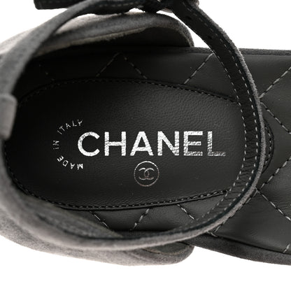 Chanel Suede Grosgrain Cap Toe CC Mary Jane Flats 37 Grey Black 7 of 9