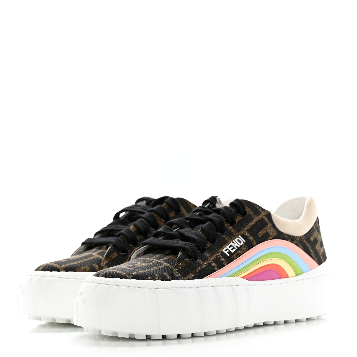 Fabric Jacquard FF Rainbow Womens Fendi Force Low-Top Sneakers 37 Tobacco Black White Multicolor