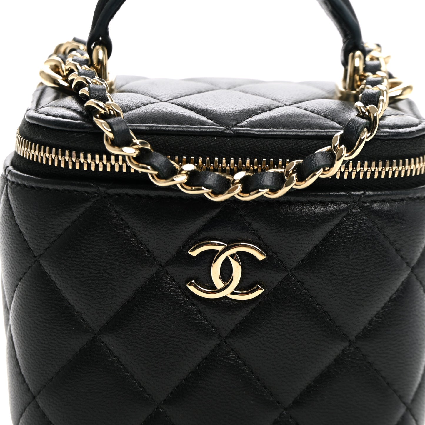 Lambskin Quilted Top Handle Mini Vanity Case With Chain Black