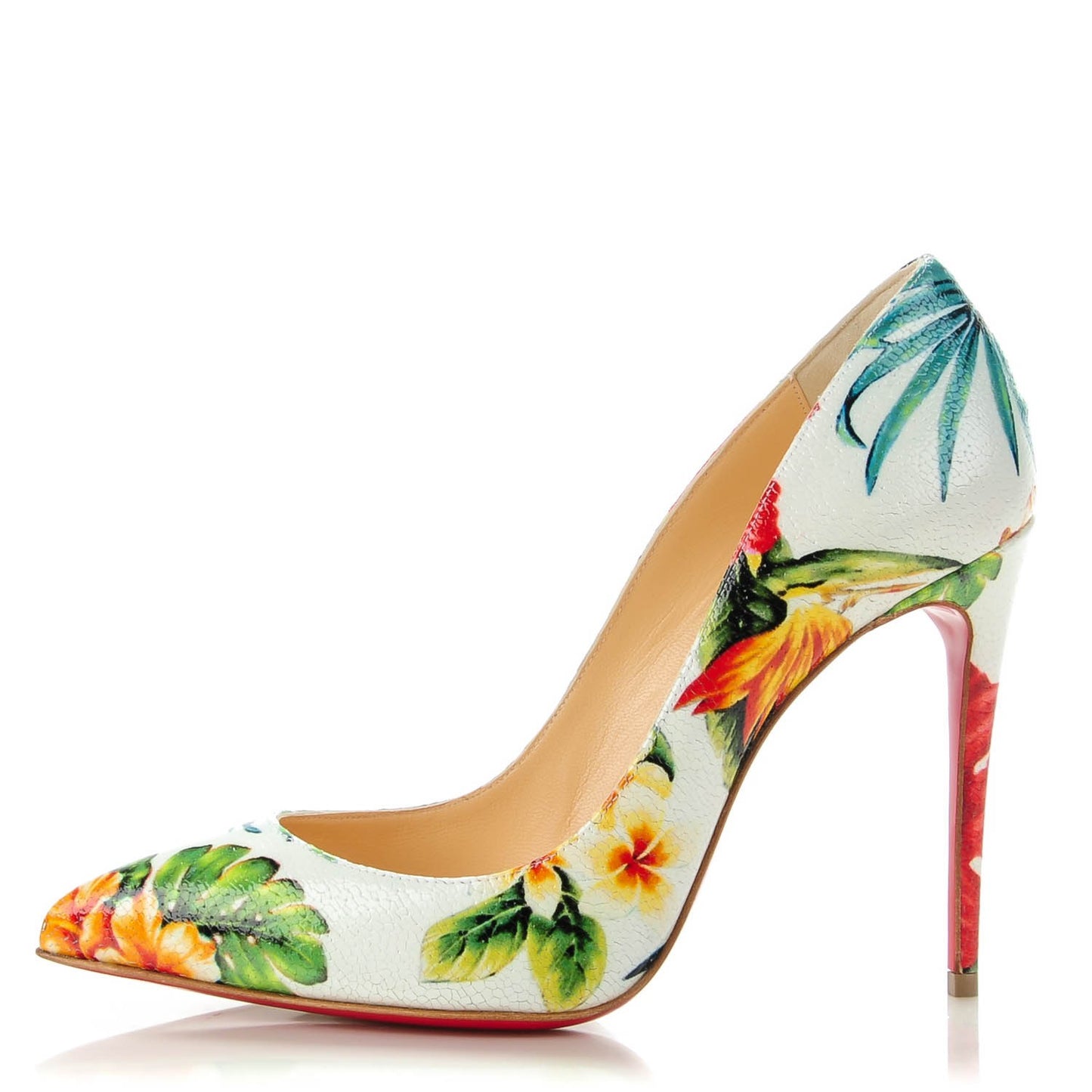 Crackled Calfskin Hawaiian Print Pigalle Follies 100 Pumps 37.5 White