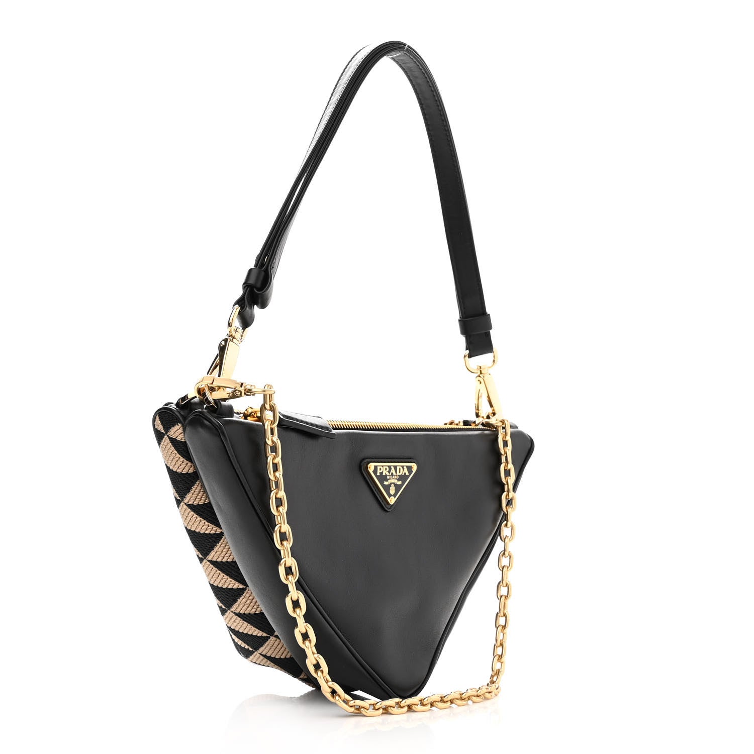 Prada Jacquard Calfskin Triangolo Symbole Embroidered Mini Triangle Double Bag Black Corda 3 of 11