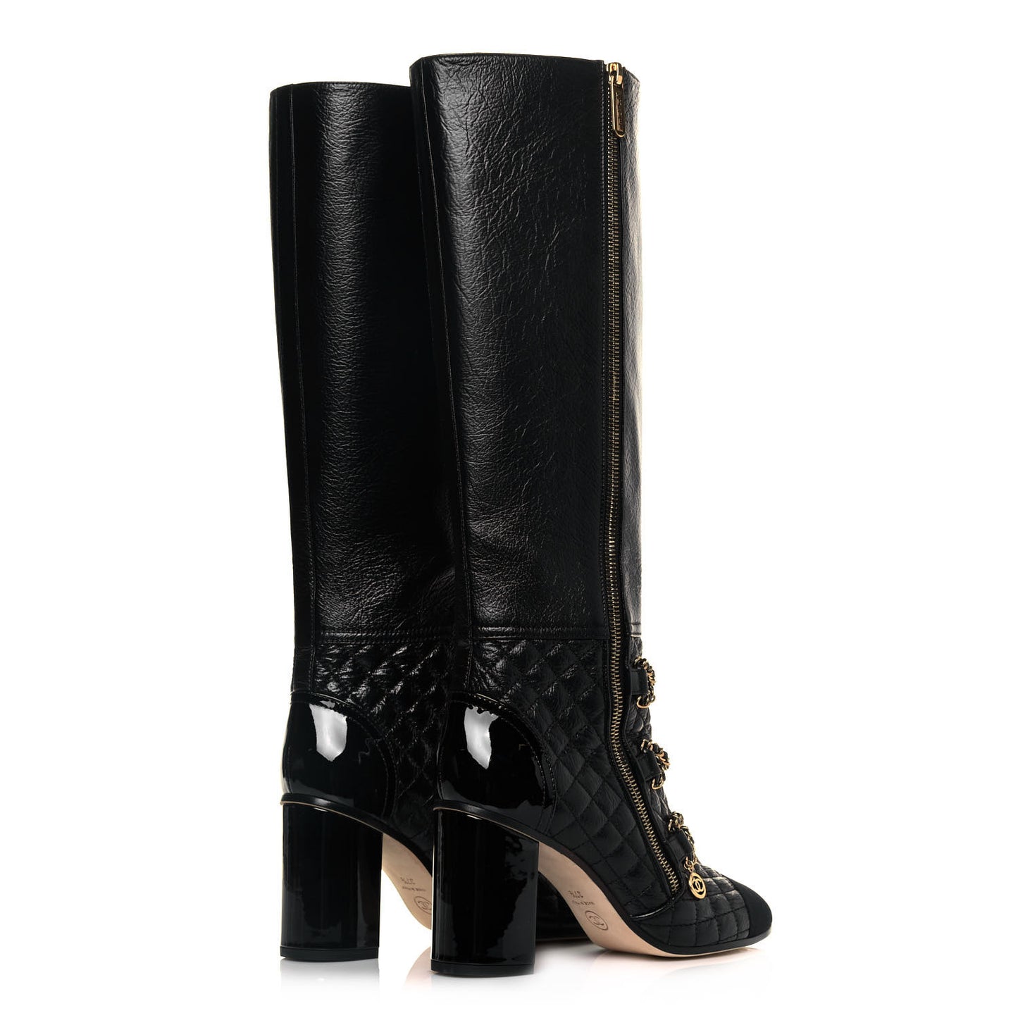 Lambskin Grosgrain Patent Chained High Boots 37.5 Black