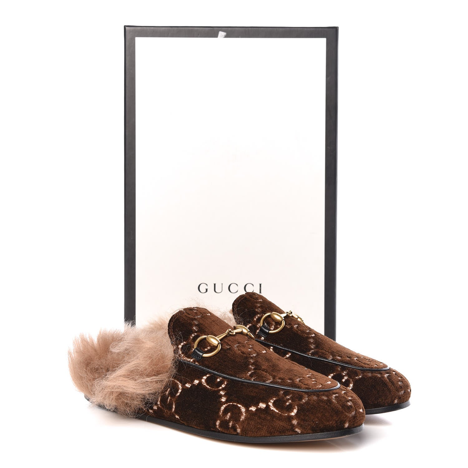 Gucci Velvet GG Monogram Fur Womens Princetown Slippers 35 Brown Black Natural 8 of 8