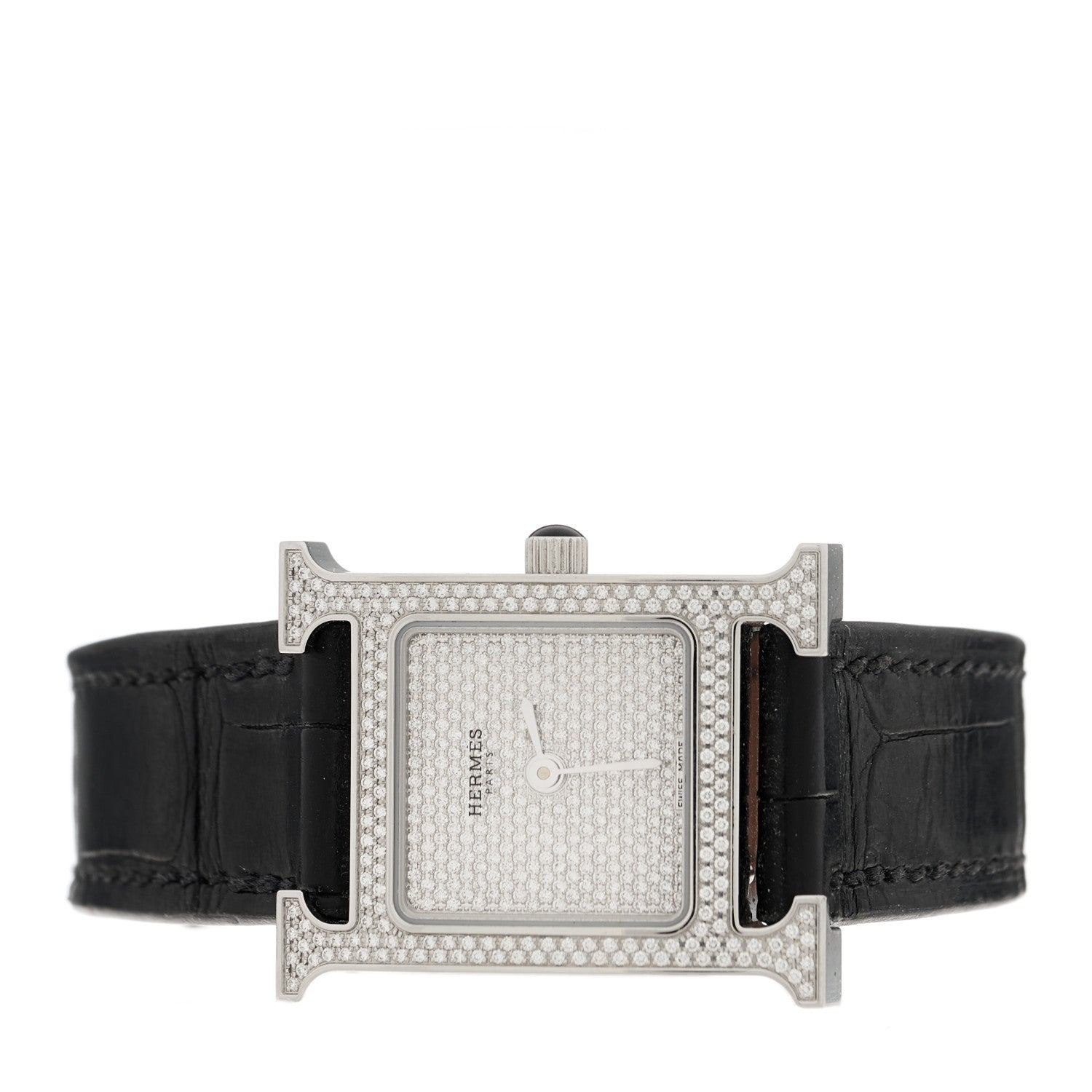 Hermes Stainless Steel Alligator Diamond Pave 21mm Heure H Quartz Watch Noir 2 of 5