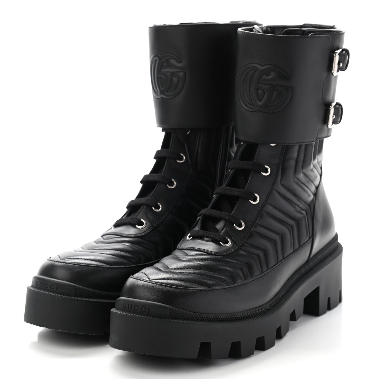 Nappa Frances GG Matelasse Platform Combat Boots 40 Black