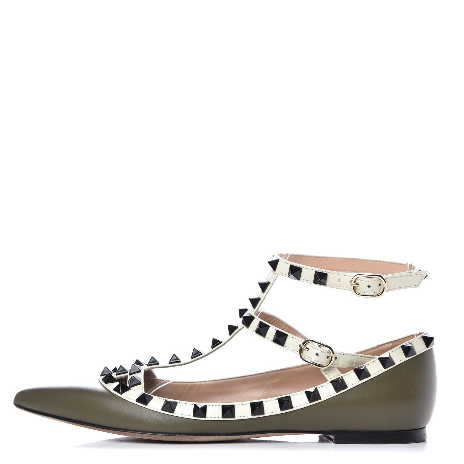Valentino Garavani Nappa Rockstud Cage Ballerina Flats 36.5 Army Green Light Ivory 1 of 10