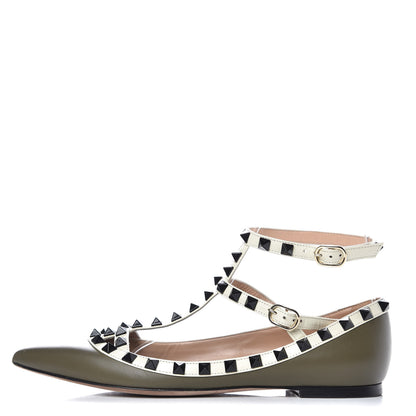 Valentino Garavani Nappa Rockstud Cage Ballerina Flats 36.5 Army Green Light Ivory 1 of 10