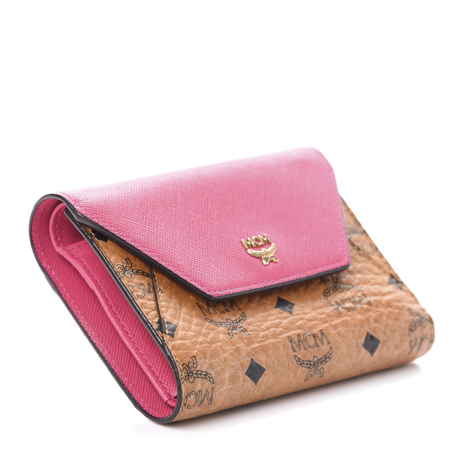 MCM Visetos Tri-Fold Love Letter Flap Wallet Cognac Pink 4 of 6