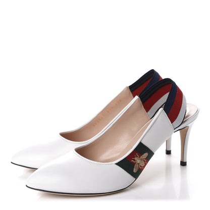 Gucci Malaga Kid Web Sylvie Mid Heel Slingback Pumps 38.5 White 3 of 10