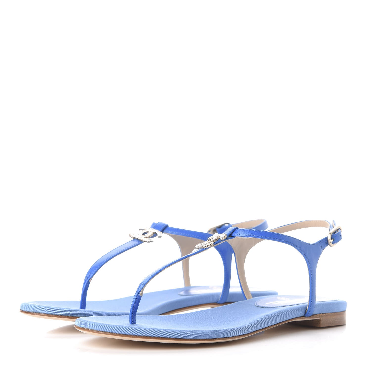 Chanel Shiny Kidskin CC Logo Thong Sandals 37.5 Blue 3 of 10